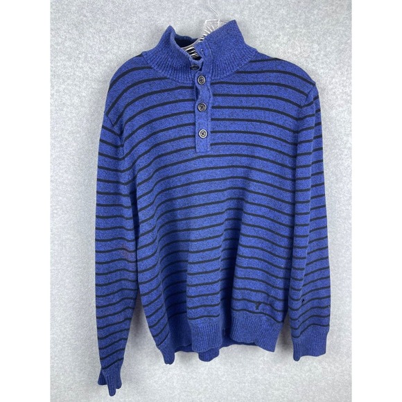 American Eagle Sweater Men's L Blue Striped Long Sleeve High Neck Button HOLE - Picture 1 of 10